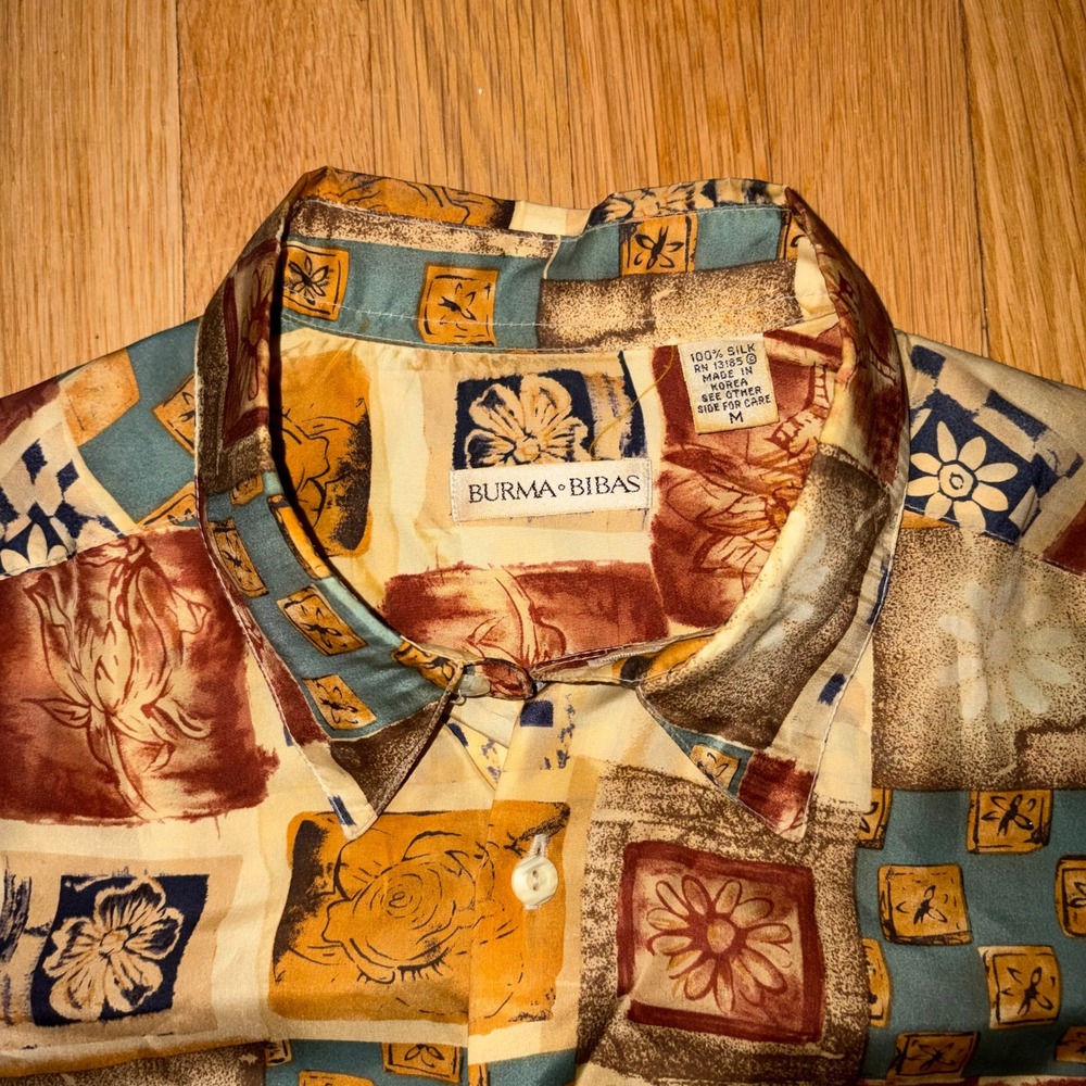 Burma Bibas Vintage Silk Button Up Shirt Mens M Patchwork Floral Multi Color